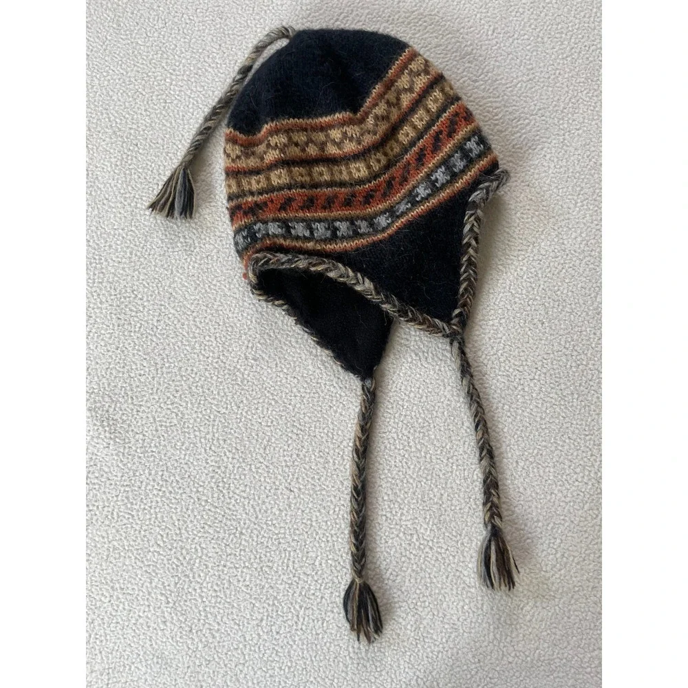 Classic Alpaca One Size Chullo Hat Black Fair Isle Fleece Lined Peru Ear Flaps